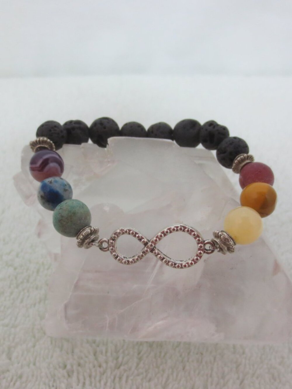 NEW Handmade Bracelet Chakra Gemstones Lava Rock Infinity Charm Stretch Unisex